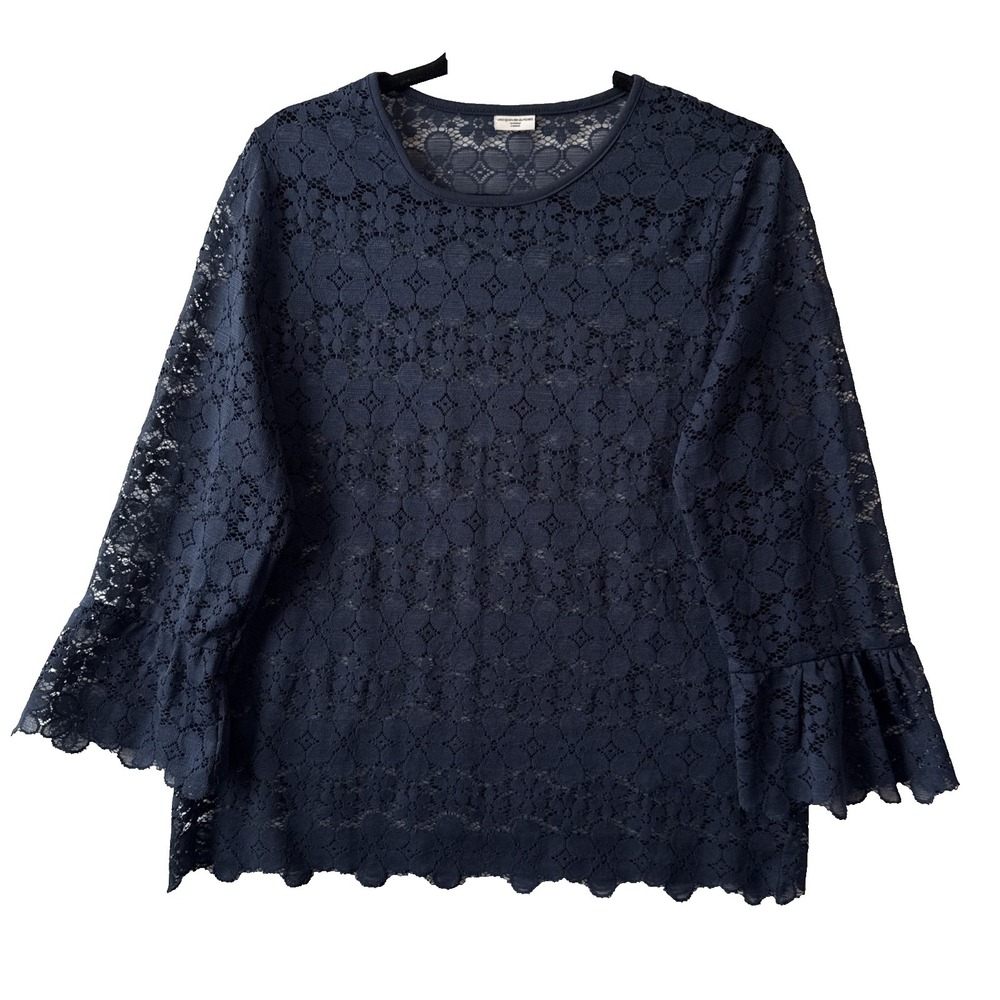 Jacqueline De Yong Sheer Lace‎ Navy Blue Bell Sleeve Top L Whimsigoth Boho Chic